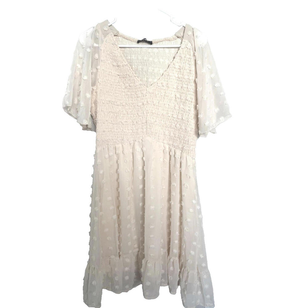 BTFBMβ Womenβs Swiss Dot Smocked Midi Dress Size L Beige Cream Boho Ruffle